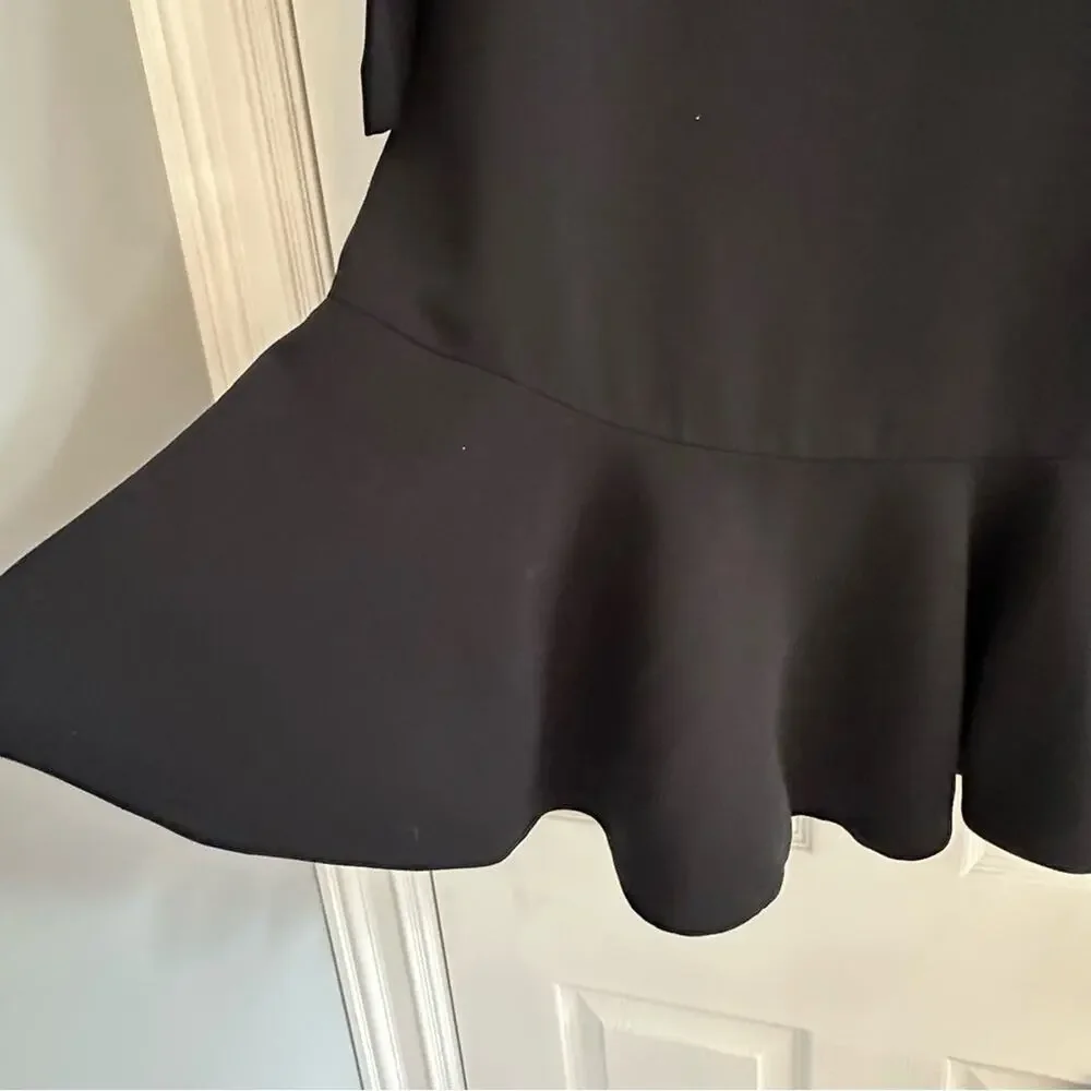 Kate Spade Black Crepe Flounce Dress Solid Size 8 Bateau Boat Neck Mini Elegant